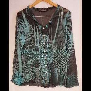 The Pyramid Collection Black and Teal Patterned Blouse